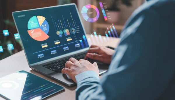 Accounting professional reviewing financial information generated through AI and automation technology