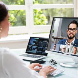 Attorney conducting legal work remotely while managing client information through secure digital technology